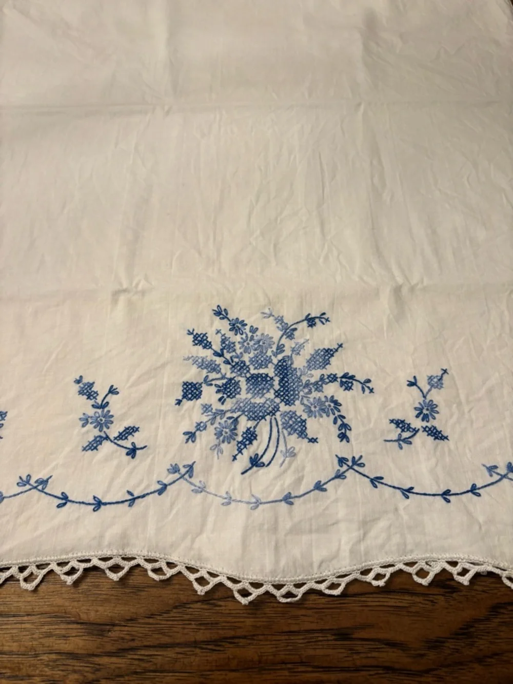 Pair Vintage Hand Embroidered Cotton Pillowcases Blue Floral Cottage Heirloom